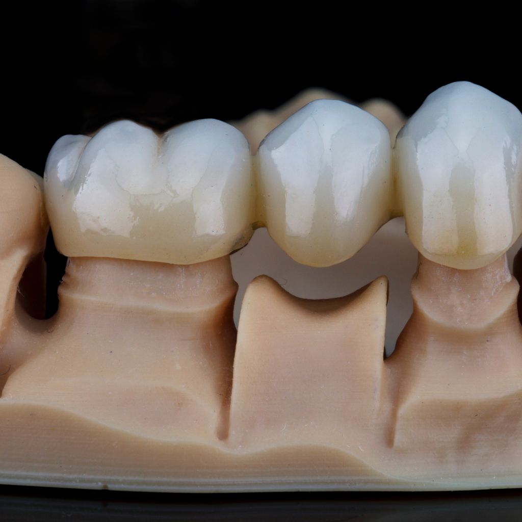 Tooth model illustrating a dental bridge